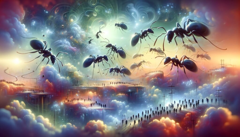 A dream like ethereal landscape with a large group of ants working together harmoniously. The ants are shown in an organized efficient manner symbo