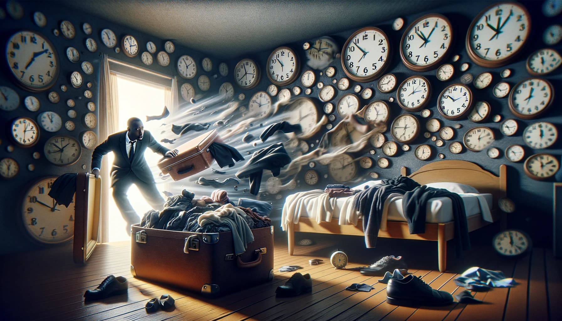 DALL%C2%B7E 2023 11 06 22.29.49 Visualize a chaotic dream sequence where someone is frantically packing a suitcase in a room where the walls are adorned with clocks showing nearly mi