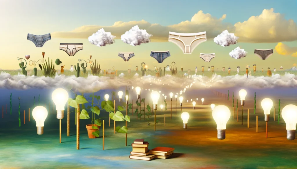 DALL·E 2024 02 25 17.40.11 A conceptual artwork showcasing the theme of Leveraging Underwear Dreams for Personal Growth. The image features a surreal landscape where the foreg