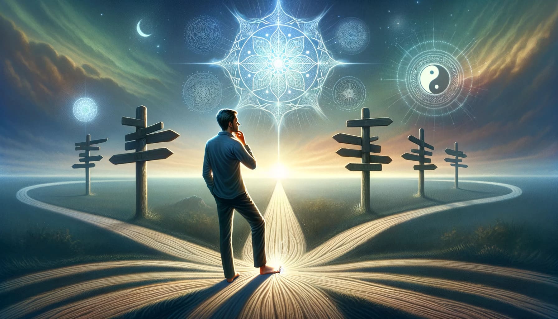 Spiritual Prompt In the center a person is standing at a crossroads looking thoughtful. They are touch