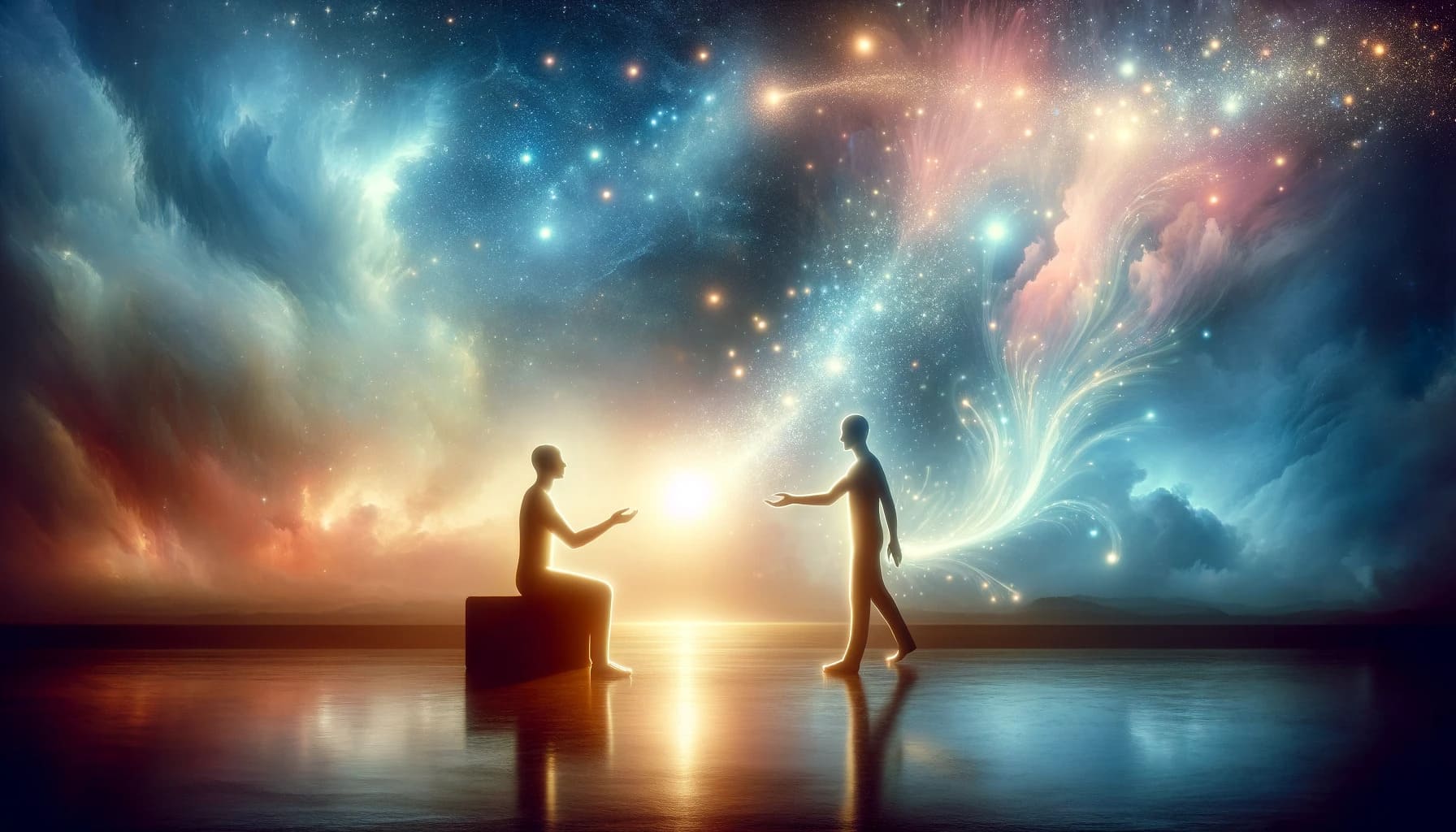 concept of spiritual energy exchange. The scene includes two human silhouettes one emitting a gentle glowi