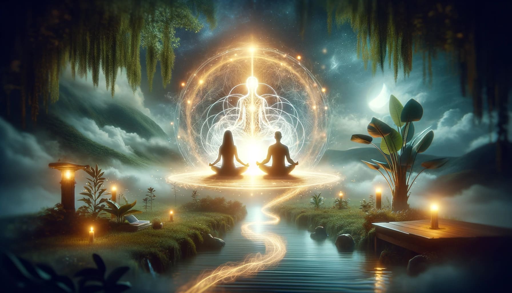 the impact of spiritual energy exchange on relationships and personal growth. The scene depicts two people sitting in a meditati